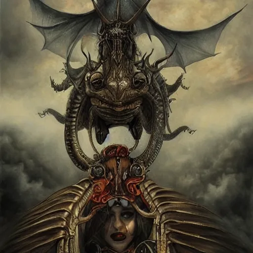 Prompt: a hyperrealistic portrait painting of a beautiful woman with demonic horns wearing steampunk goggles, flying on the back of a dragon into the apocalypse, by santiago caruso, highly detailed,