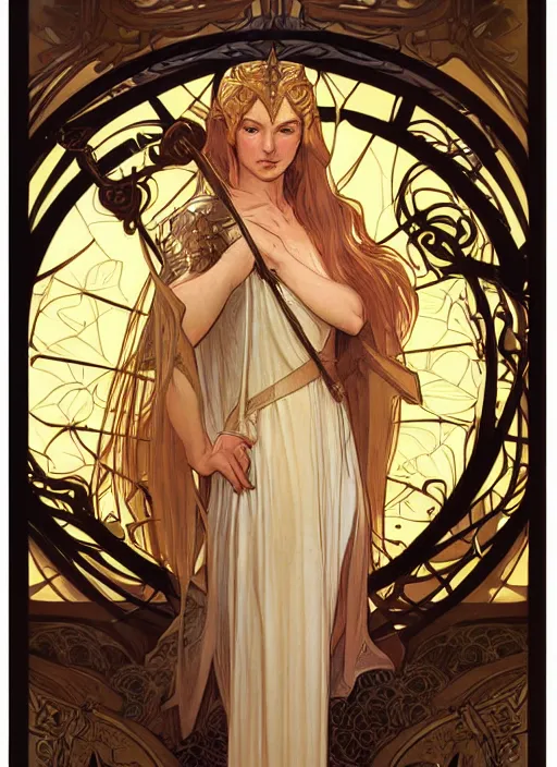 Image similar to galadriel in the slumps brown skin golden hair brown leather armor high fantasy dnd smooth sharp focus illustration by rossdraws, alphonse mucha frank fanzzeta