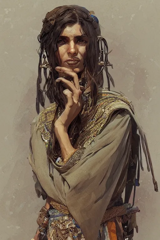 Image similar to A full portrait of an ancient Bedouin scout, intricate, elegant, highly detailed, digital painting, artstation, concept art, smooth, sharp focus, illustration, art by Krenz Cushart and Artem Demura and alphonse mucha