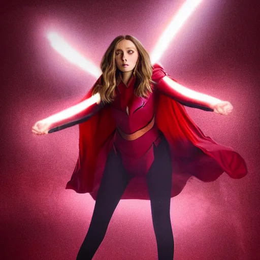 Image similar to elizabeth olsen artstation scarlet witch, floating in the air as she emanates magic from her palms, full - body portrait, 3 5 mm!!!!! photography, disdain facial expression, messy!!!!! hair, trending on artstation, photorealistic!!!!!, 4 k, 8 k