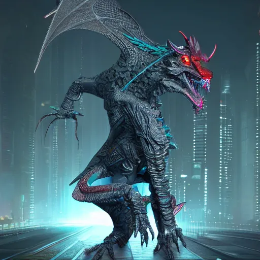 Prompt: 3d full-body render of a detailed cyberpunk dragon, highly detailed, high quality, HD, 4k, 8k, Canon 300mm, professional photographer, 40mp, lifelike, top-rated, award winning, realistic, sharp, no blur, edited, corrected, trending