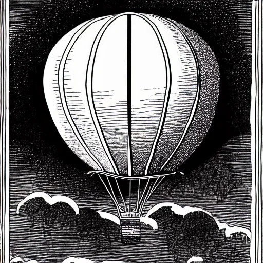 Prompt: portrait of a Victorian hot air balloon over a fantasy landscape, linear illustration, black and white, few details, simple drawing for kids coloring.