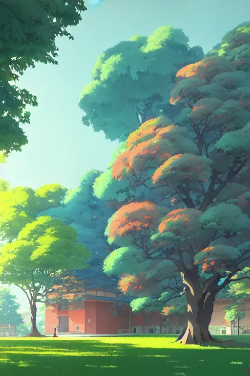 Image similar to a colorful high school building with beautiful trees, morning, by studio ghibli painting, superior quality, masterpiece, traditional Japanese colors, by Grzegorz Rutkowski, concept art