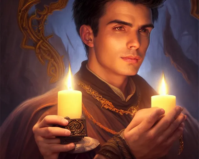 Image similar to a mind - blowing portrait of a fortune seeker male, clean shaven, holding a candle holder, wearing dark maritime clothing, intelligent, deep focus, d & d, fantasy, intricate, elegant, highly detailed, digital painting, artstation, concept art, matte, sharp, illustration, hearthstone, art by artgerm and greg rutkowski and alphonse mucha