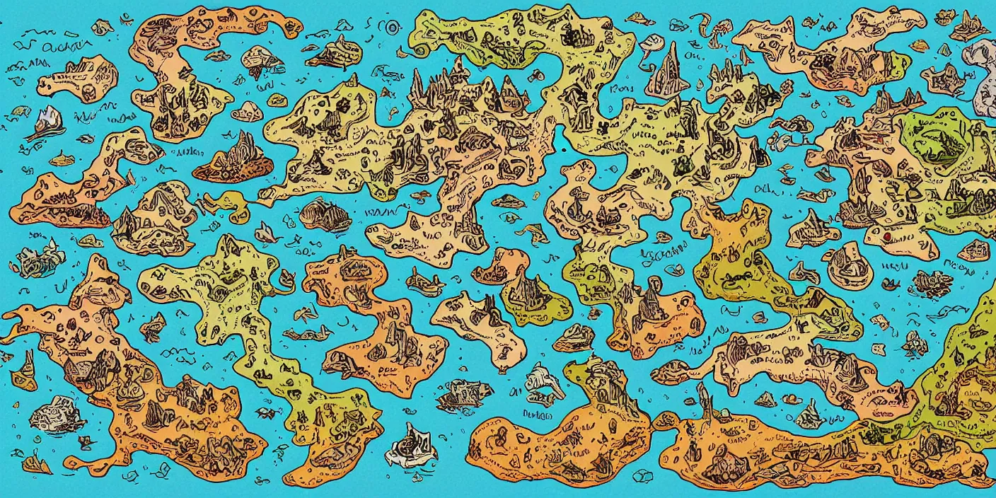 Image similar to a rpg map with big regions surrounded by ocean detailed, flat vivid colors and strokes illustrated by Mattias Adolfsson