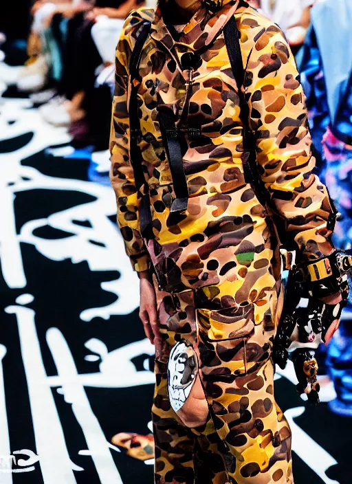 Image similar to hyperrealistic and heavy detailed bape avant garde runway show of movie the fifth element, 1 9 7 0, leica sl 2 5 0 mm, vivid color, high quality, high textured, real life