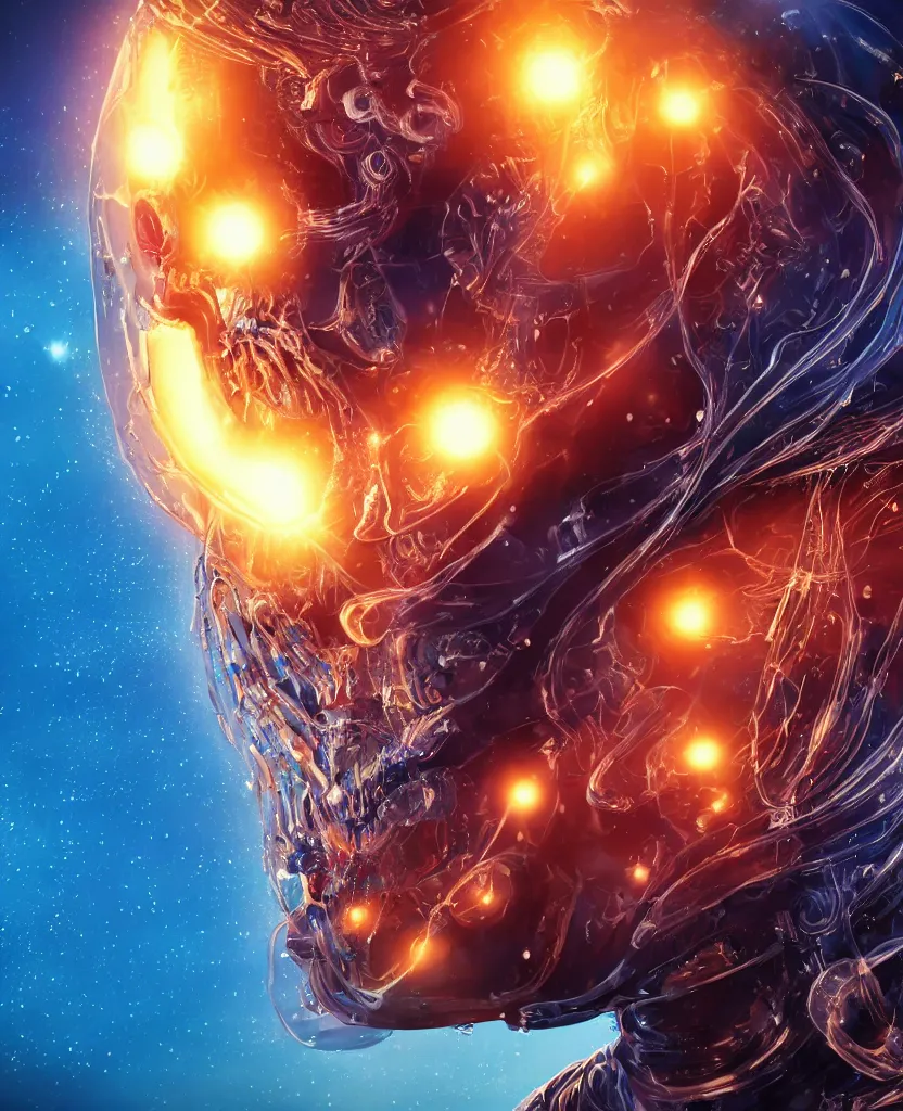 Prompt: close-up macro portrait of the face of a beautiful princess rotten skull in a spaceman suit, epic angle and pose, symmetrical artwork, 3d with depth of field, blurred background, cybernetic jellyfish female face skull phoenix bird, translucent, nautilus, energy flows of water and fire. a highly detailed epic cinematic concept art CG render. made in Maya, Blender and Photoshop, octane render, excellent composition, cinematic dystopian brutalist atmosphere, dynamic dramatic cinematic lighting, aesthetic, very inspirational, arthouse. y Greg Rutkowski, Ilya Kuvshinov, WLOP, Stanley Artgerm Lau, Ruan Jia and Fenghua Zhong