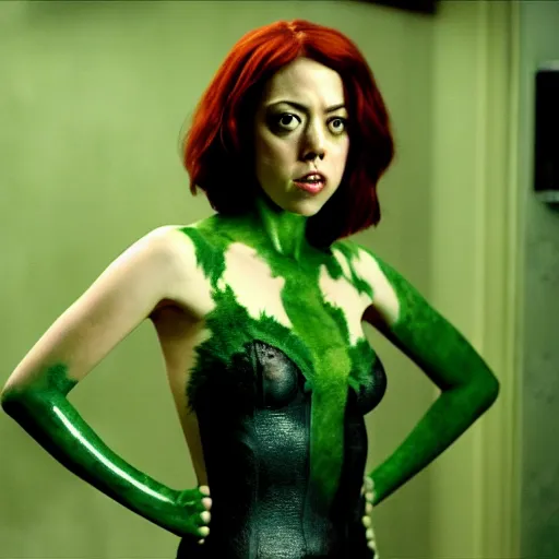 Image similar to film still of !!!Aubrey Plaza!!! as Poison Ivy in The Dark Knight, !!green skin!!, 4k