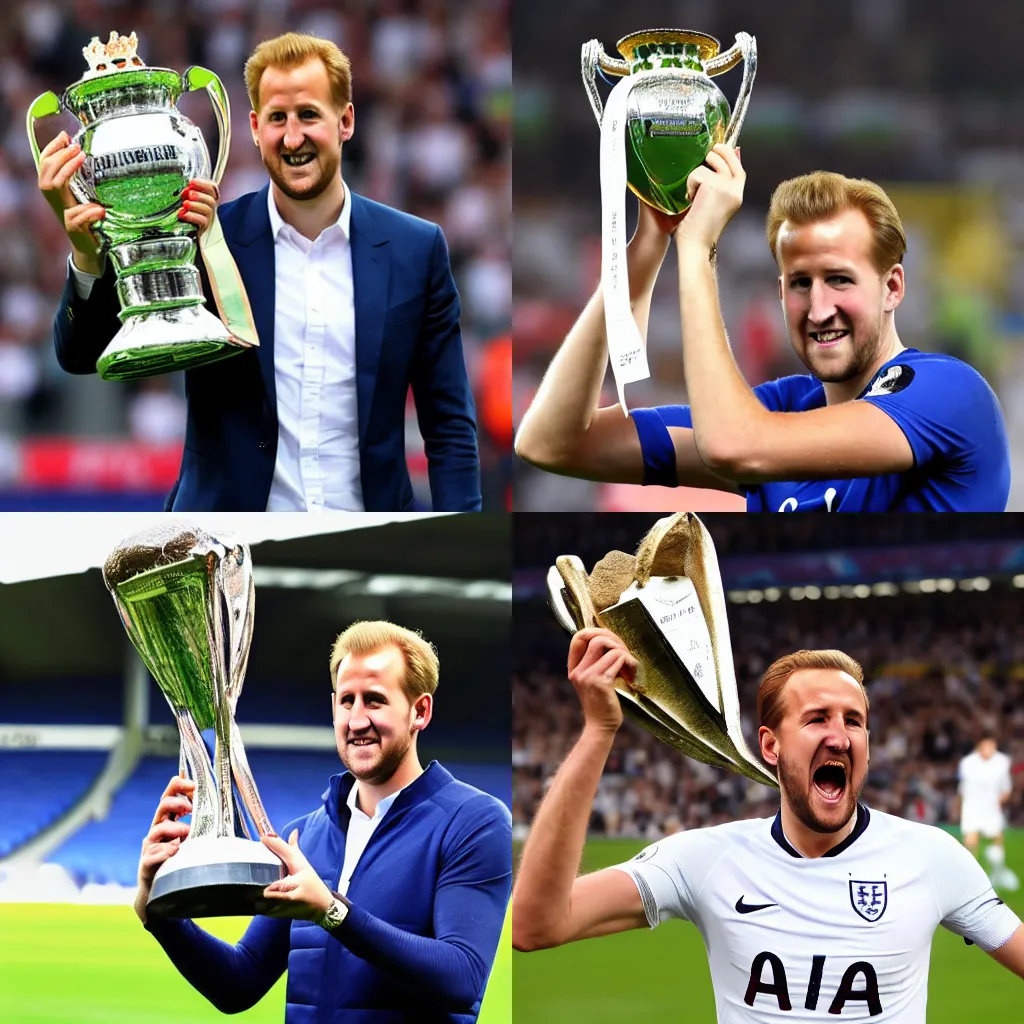 Prompt: Harry Kane holding the Jules Rimet trophy above his head