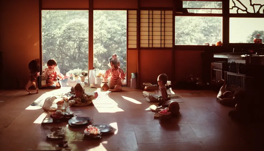 Prompt: 1 9 9 0 s candid 3 5 mm photo of a beautiful day in the family kitchen, cinematic lighting, a japanese pagoda temple breaks through the floor and scares the children, a pagoda is in the living room of a suburban house, cinematic look, golden hour, uhd