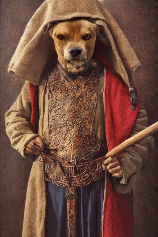 Image similar to Slavic dog head man, woolen torso in medieval clothes, Orthodox Saint Christopher, oil painting, hyperrealism, beautiful, high resolution, trending on artstation, with an axe,