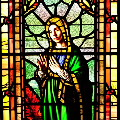 Prompt: a 3 5 mm hi def hi resolution digital 8 k realistic photo of mother mary on a tall stained glass holding a marijuana huge prominent leaf from a brooklyn bodega