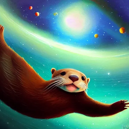 Prompt: an otter swimming through space, digital painting, detailed, full body, trending on art station, art by rhads, art by miyazaki