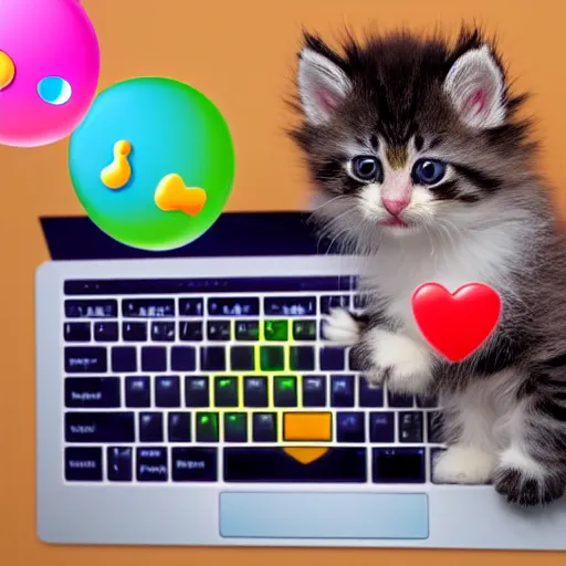 Prompt: hyper realistic photograph of cute fluffy kittens in a keyboard using a laptop with colorful emoticons floating in the air