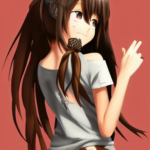 Image similar to 3d anime girl, wearing a tanktop, perfect body, wearing brown boots, long brown hair, gorgeous face, silver necklace, high quality anime art, trending on artstation