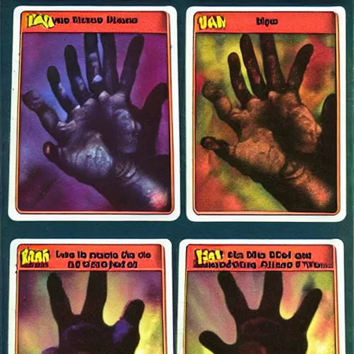 Prompt: Manos the hands of fate trading cards