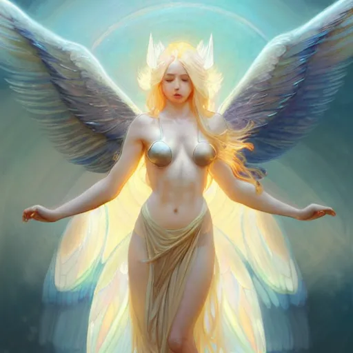 Image similar to Winged girl angel with blonde hair and glowing halo, iridescent, seraphim, fantasy, intricate, elegant, highly detailed, digital painting, artstation, concept art, smooth, sharp focus, illustration, art by Krenz Cushart and Wenqing Yan and alphonse mucha