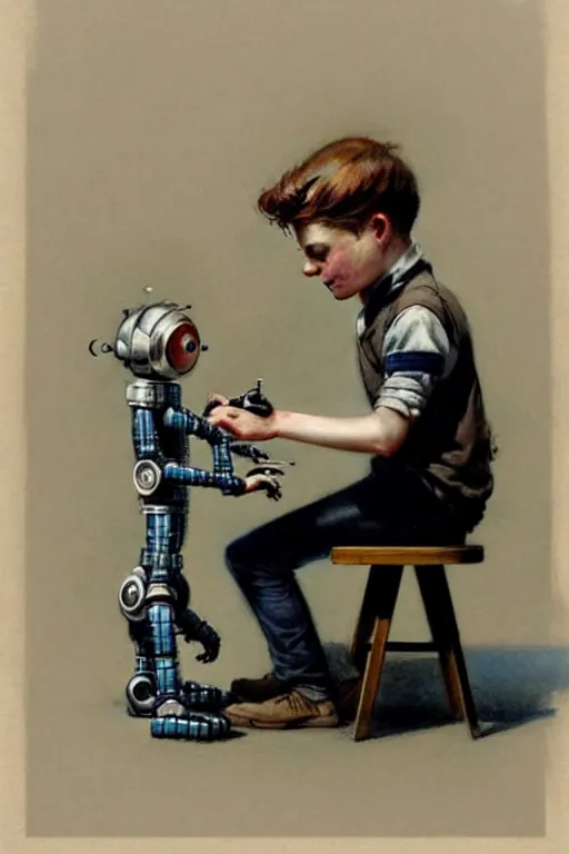 Prompt: (((((1950s a boy working on his robot . muted colors.))))) by Jean-Baptiste Monge !!!!!!!!!!!!!!!!!!!!!!!!!!!