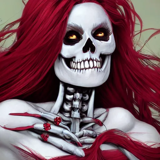 Prompt: cute & beautiful smug smiling undead skeleton girl with red hair dressed as a witch, elegant, digital art, fantasy, pixar style, painting, pin up, highly detailed, artstation, art by artgerm, vrubel, greg rutkowski, ilya kuvshinov, raymond swanland