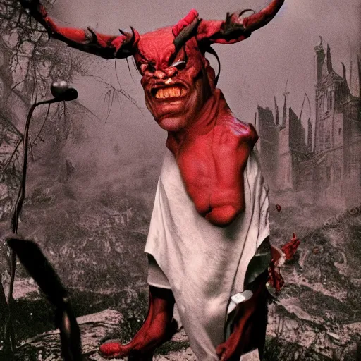 Image similar to robin williams makes the devil laugh, sinister lair, creepy hellscape, the devil os played by bill murray, saturated red skin, horns, photo