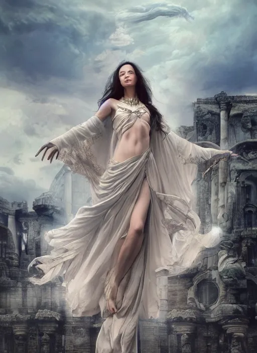 Image similar to a beautiful sorceress floating on air with elegant looks, flowing robe, ornate and flowing, intricate and soft by miho hirano, ruan jia, tom bagshaw,, wlop, beautiful roman architectural ruins in the background, epic sky, half body shot, vray render, artstation, deviantart, pinterest, 5 0 0 px models