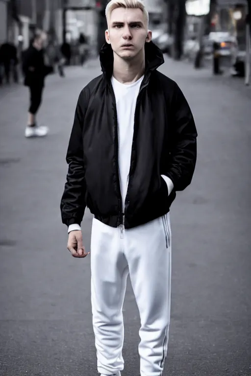 Prompt: extreme long shot. blonde russian man in white adidas pants. black jacket. white sneakers. sad face. staying on the street. 4k, 8k, hyprerealistic, trending on artstation, masterpiece