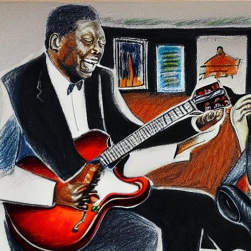 Prompt: crayon drawing of B.B. King giving a guitar lesson to Doris Day