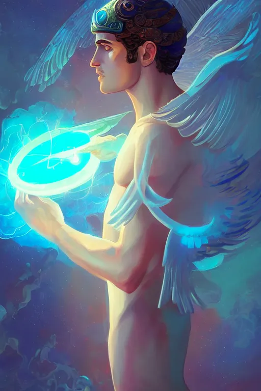 Prompt: highly detailed, the handsome greek god hermes, wearing winged helmet, holding glowing laptop computer, clouds of glowing binary code, digital painting bioluminance alena aenami artworks in 4 k design by lois van baarle by sung choi by john kirby artgerm style pascal blanche and magali villeneuve