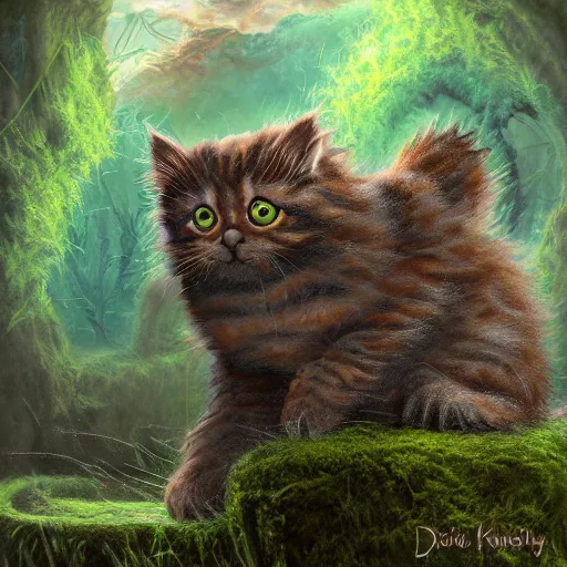 Prompt: rescue from the underworld, shadows of the past, chubby moss kitten, by jeff easley and Dylan Kowalski, highly detailed, digital painting, HDRI, by vivid colors, high contrast, 8k resolution, intricate, photorealistic, smooth