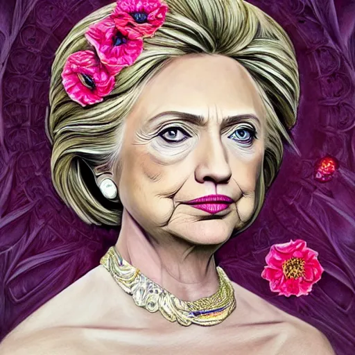 Image similar to portrait of Hillary Clinton as a young pretty woman in flowing dress, arrogant, mysterious, long fine flowing hair, delicate, looking at camera, realistic face, intricate, stylish, elegant, grimdark, flowers, extremely detailed photograph by Martine Johanna and Ernst Haeckel and Greg Rutkowski