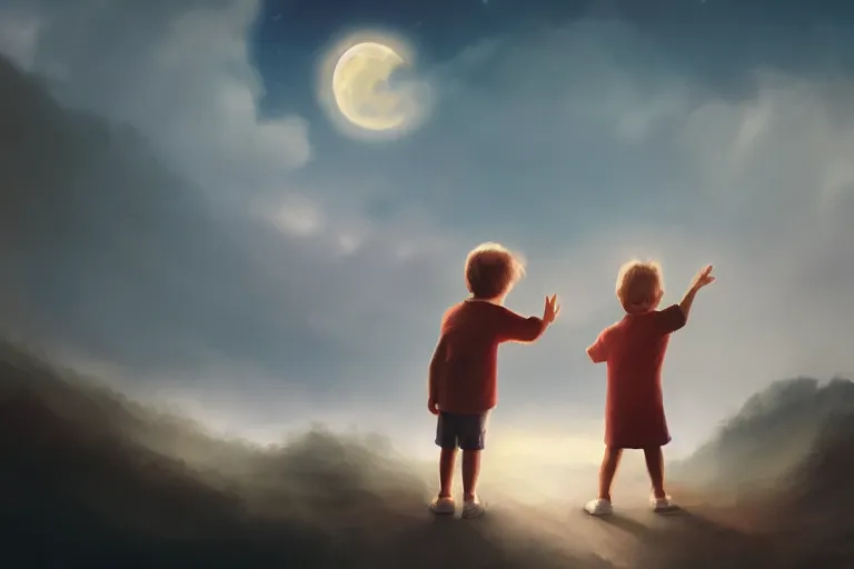 Prompt: a cute little boy and a girl wave their hands, front facing, dreamy matte painting, night time, volumetric lighting, smooth, trending on artstation, moonlit backdrop