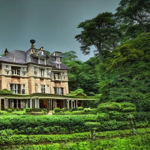 Image similar to beautiful old mansion surrounded by lushwoods in style of ghibli