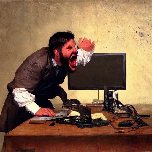 Image similar to an angry man yells at his computer monitor, oil on canvas, 1 8 8 3, highly detailed