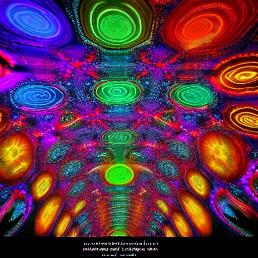 Image similar to underground cinema, psychedelic, colorfull lights, fractals, godrays