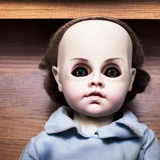 Image similar to creepy doll sitting on shelf, staring at camera, 8 k, photorealistic, dark