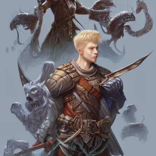 Image similar to A 22 year old Swedish male with short blonde hair and stubble as a fantasy D&D character, art by Donato Giancola and Bayard Wu, digital art, trending on artstation, 4k