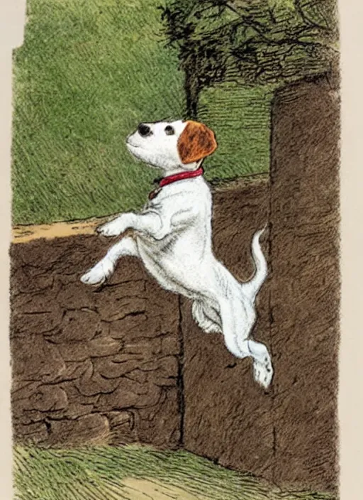 Prompt: jack russel terrier jumping from the ground over a short wall, illustrated by peggy fortnum and beatrix potter and sir john tenniel