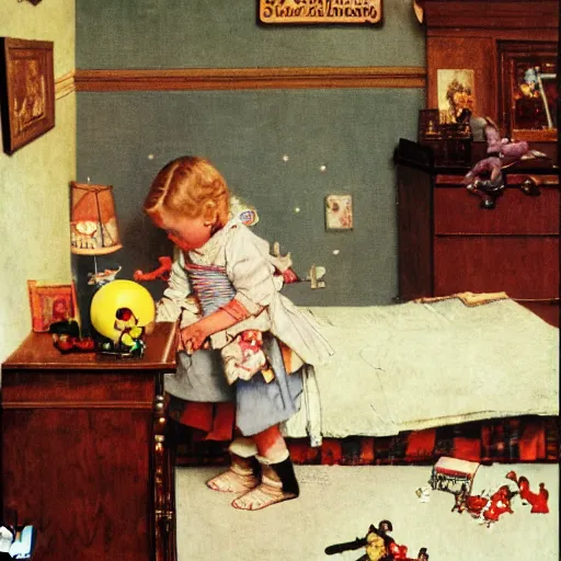 Prompt: A baby playing with her toys at her room, artwork by Norman Rockwell, cinematic composition