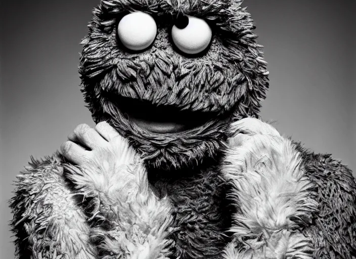 Image similar to dramatic Annie Leibovitz-style photo portrait of Cookie Monster H 704