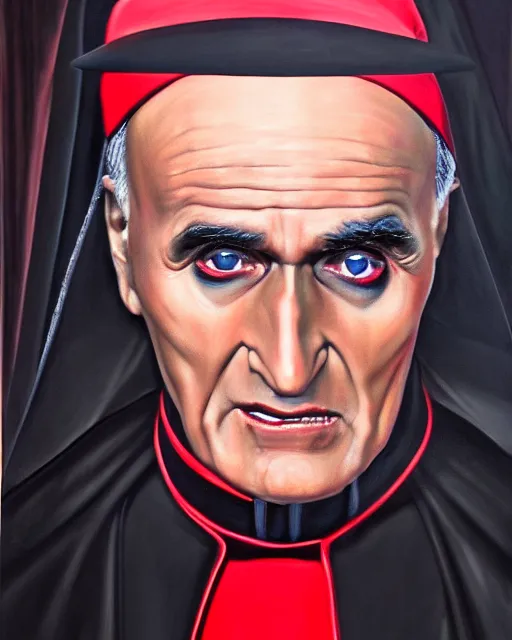 Image similar to photorealist painting of demonic catholic cardinal aloysius stepinac, gothic, horror, vivid dark colors, high production value, intricate details, high resolution, hyperrealistic, hdr, high definition, masterpiece, ultra realistic, highly detailed, hd, sharp focus, non blurry, sharp, smooth