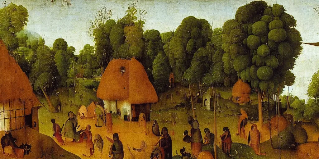 Image similar to painting of a kerala village by Hieronymus Bosch, with some coconut trees and thatched houses