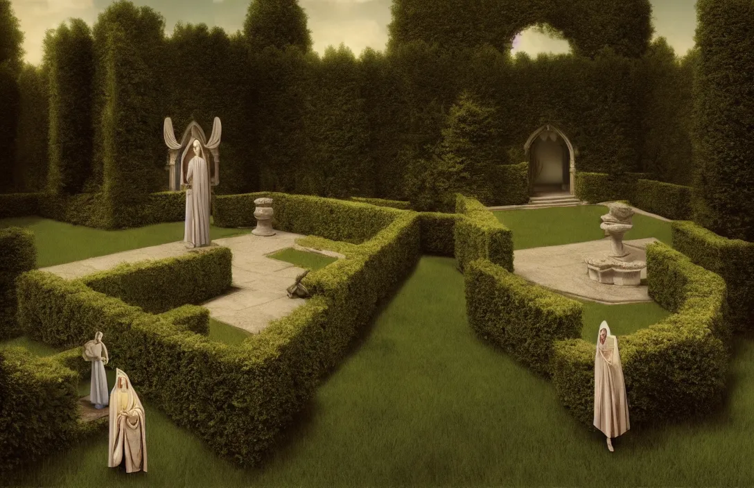 Image similar to queen of heaven sequestered corner of a garden within a castle walls the rules of proportion, scale, and perspective are disregarded render by gregory crewdson