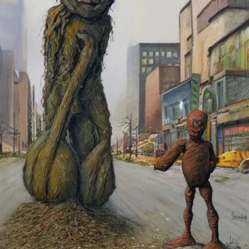 Prompt: a lost and bewildered earth golem holding a sapling standing in a busy industrial city street | painting by james gurney