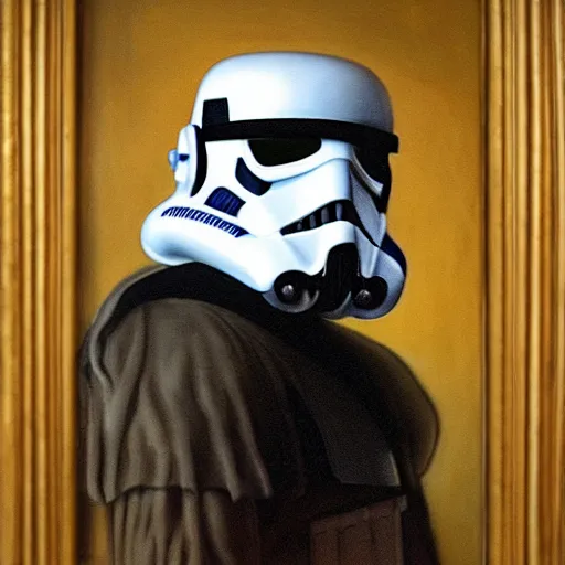 Prompt: a portrait painting of a stormtrooper from star wars in a renaissance style hanging in the louvre