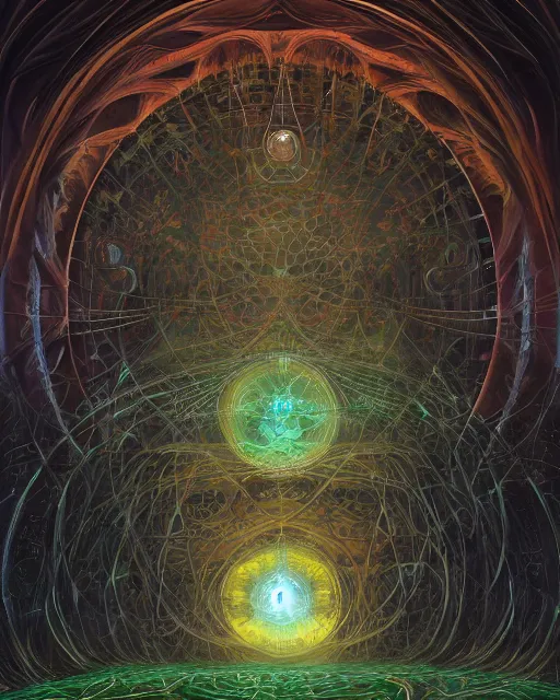 Image similar to a quantum computer, geometric crystal wiring, emerald circuits, highly advanced technology surrounded by a dark cabal of multiple hooded elven mystics in long dark robes gathered in a circular formation, dan seagrave art, michael whelan, artstation, cgsociety