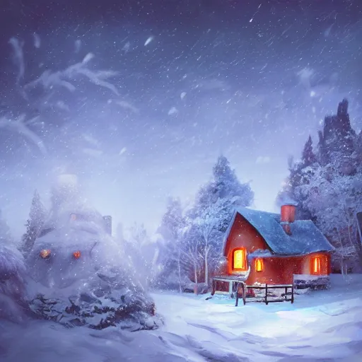 Image similar to snowy landscape with santa's house in night forest, warm light coming from the window and reflects on the snow. digital art, artstation, high details, trending, behance