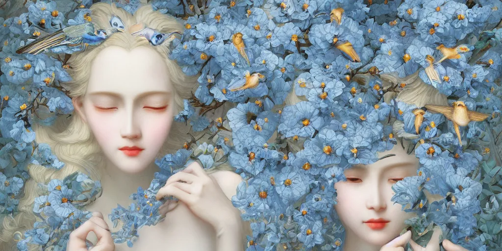 Image similar to breathtaking detailed concept art painting art deco pattern of blonde faces goddesses amalmation light - blue flowers with anxious piercing eyes and blend of flowers and birds, by hsiao - ron cheng and john james audubon, bizarre compositions, exquisite detail, 8 k