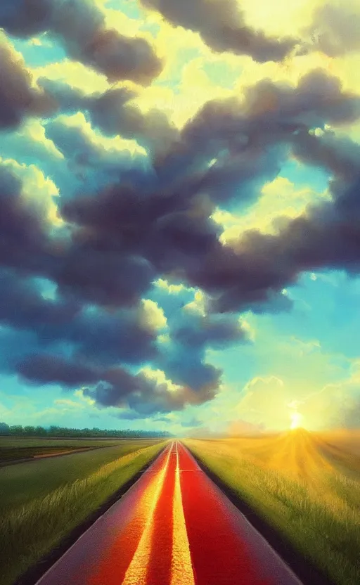 Image similar to paperback book cover by artgerm. pure colors, melting clouds, accurately drawn details, a sunburst above a receding road with the light reflected in furrows and ruts, after rain. photorealistic. octane render. cinematic. trending on artstation. textless.