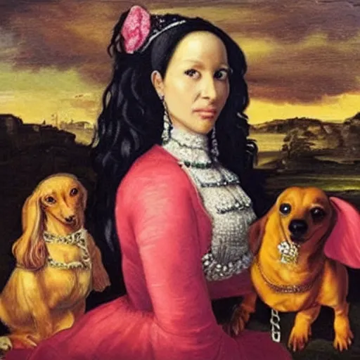 Prompt: nicki minaj walking a dachshund baroque oil painting