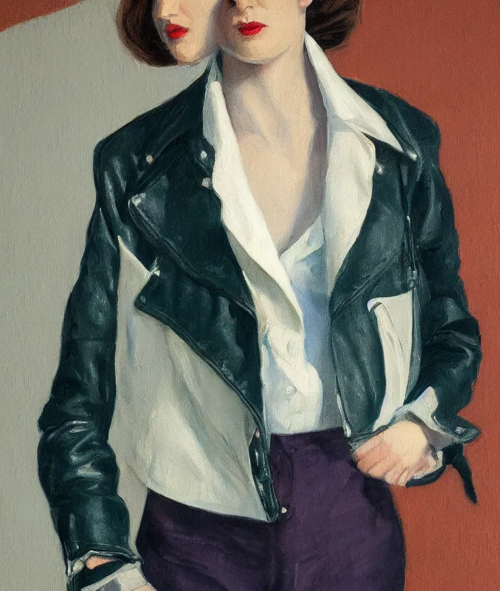 Image similar to a very detailed painting of an 8 0 s jacket with big shoulder pads, very aesthetic leather jacket, detailed closeup of leather jacket, front view, in the style of edward hopper and oswald hornby joseph birley and susan ryder, very small brushstrokes, 4 k,